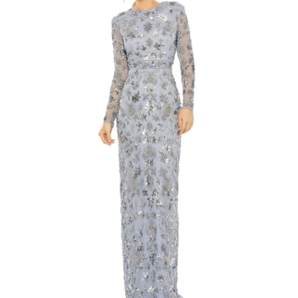 Mac Duggal Metallic Silver Maxi Dress